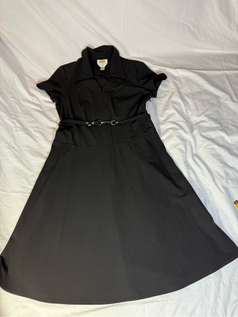 Talbots Stretch Classic Black Collared Fit-and-Flare Dress with Belt